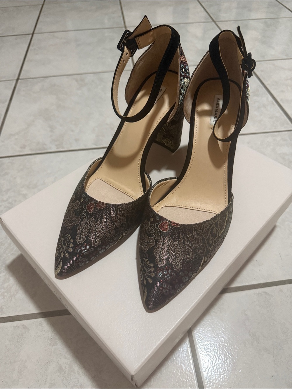 Alex Marie Black Brocade Pointed Ankle-Strap Heels